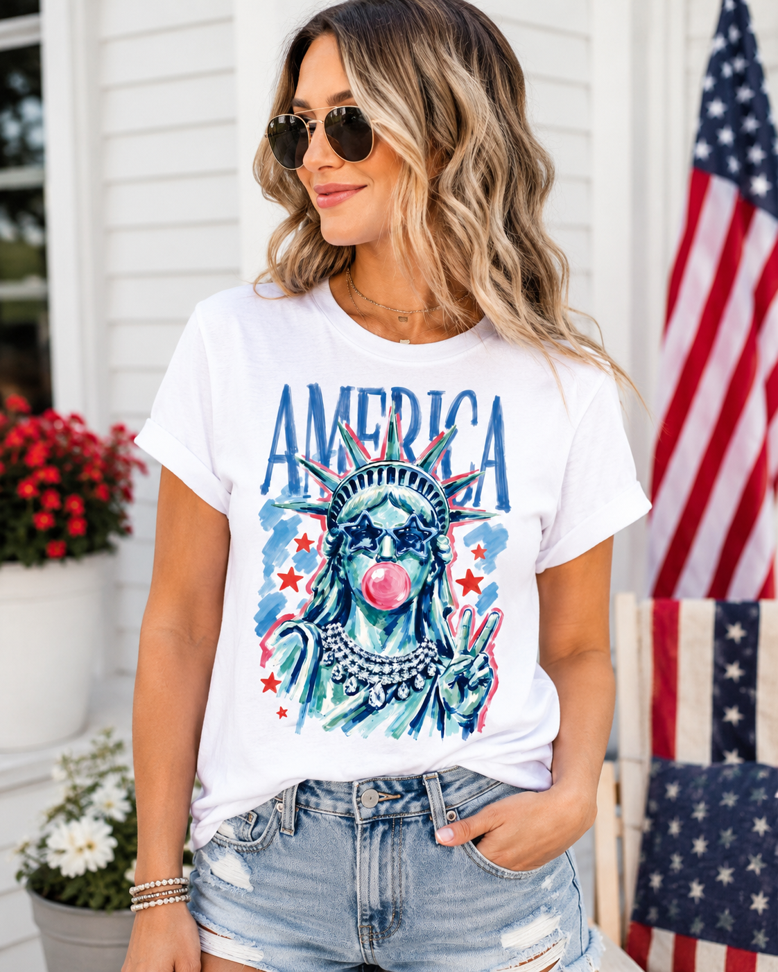 America Bubble Gum Lady Tee – Patriotic Graphic T-Shirt
