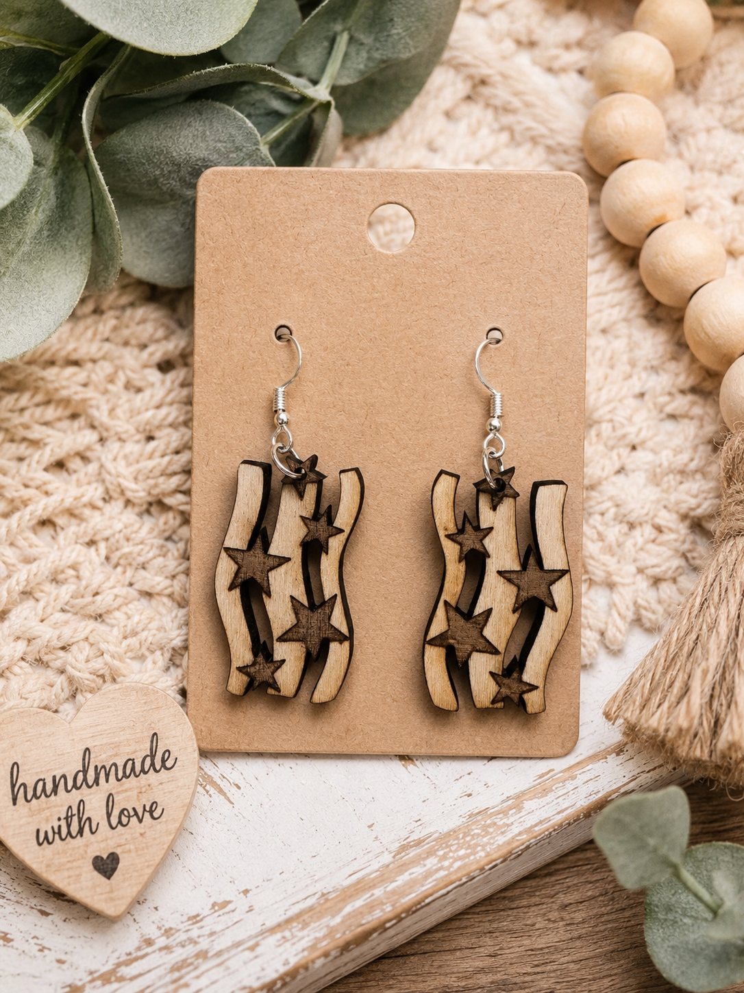 Patriotic Wooden Flag Star Earrings – Lightweight Handmade Laser Cut Earrings