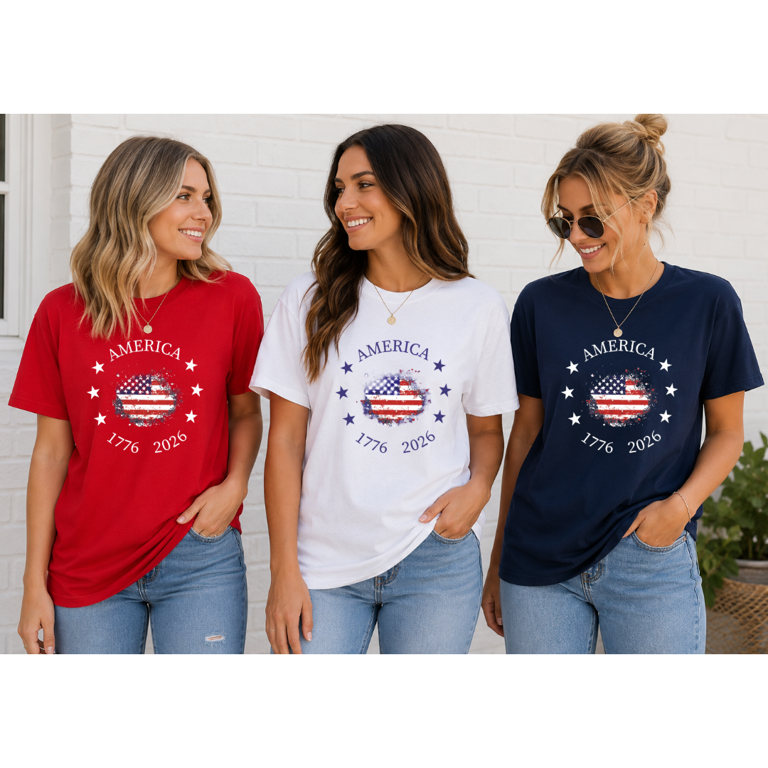 America 1776–2026 Patriotic Tee | Red, White & Blue Graphic Shirt