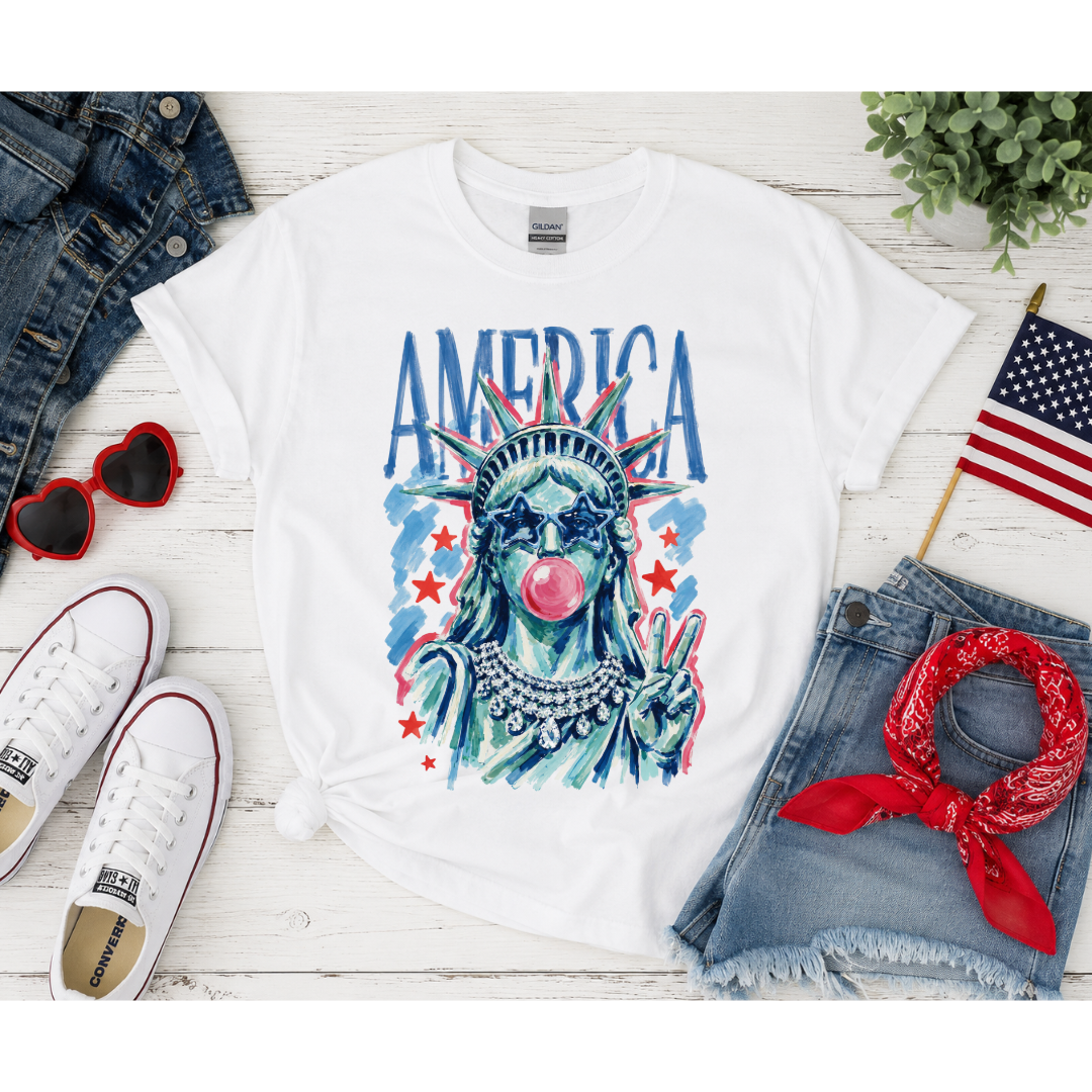 America Bubble Gum Lady Tee – Patriotic Graphic T-Shirt