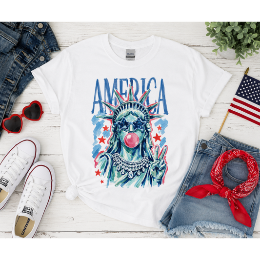America Bubble Gum Lady Tee – Patriotic Graphic T-Shirt