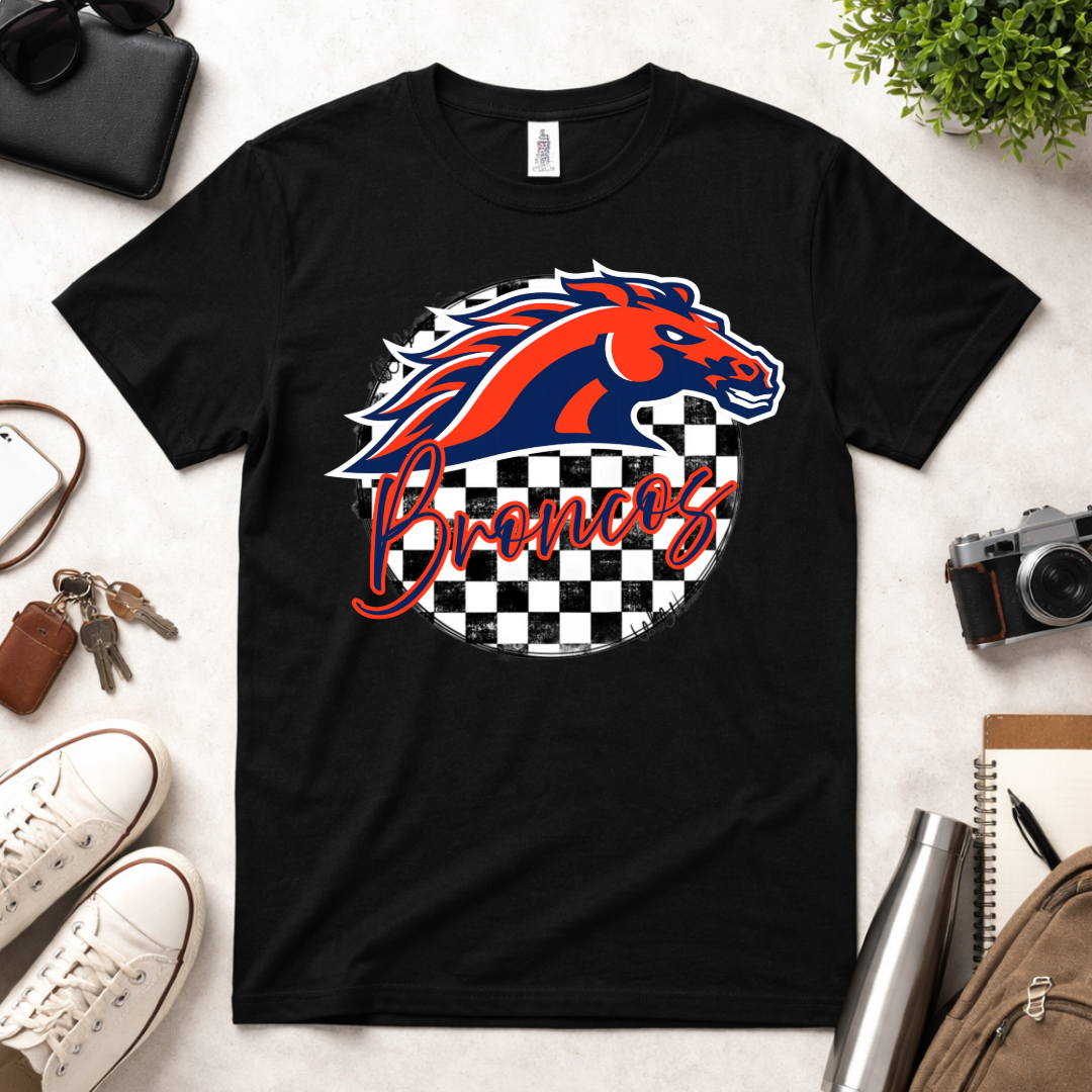 Checkered School Spirit – Custom Mascot Shirt (Broncos, Hawks, Bombers, Braves, Cardinals + More)