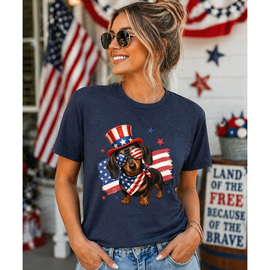 Patriotic Wiener Dog Tee | Cute 4th of July Dachshund Shirt | Heather Navy Graphic Tee