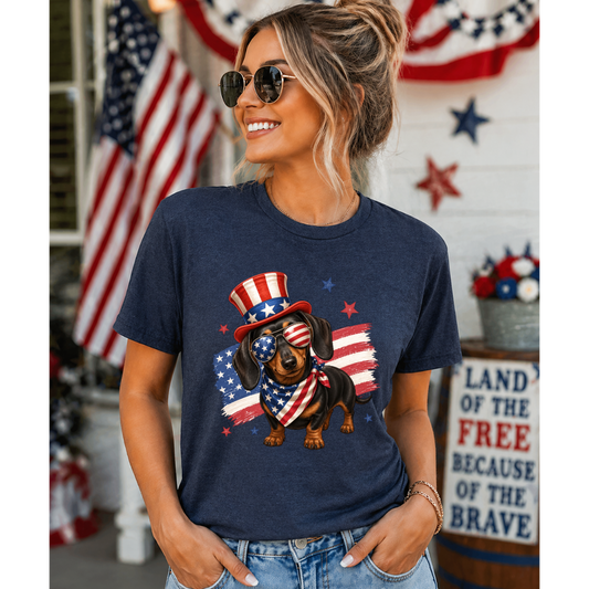 Patriotic Wiener Dog Tee | Cute 4th of July Dachshund Shirt | Heather Navy Graphic Tee